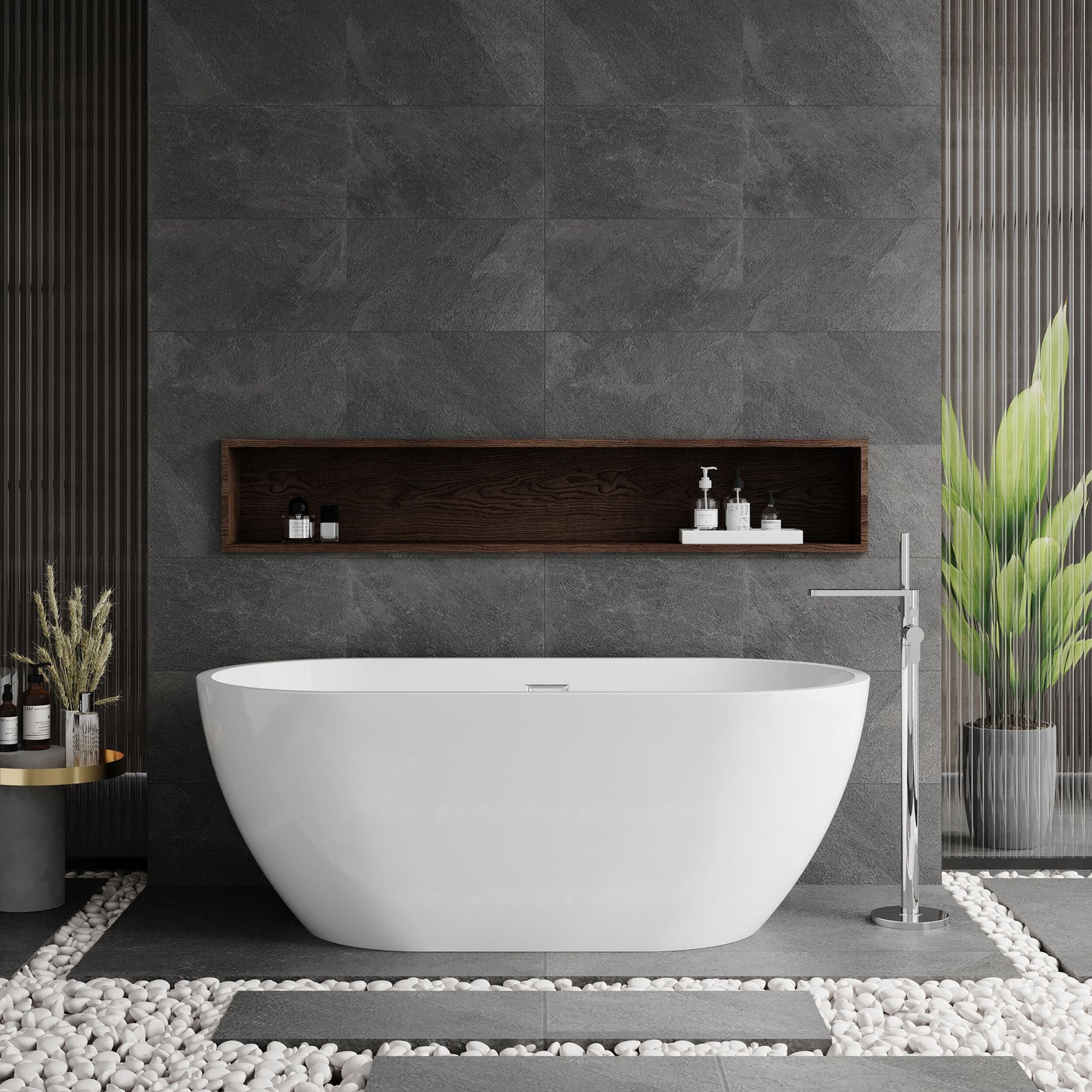 Nuie Choice Pendulum freestanding bathtub with legs and waste, 1600mm, modern design, shown with supporting legs and drain fittings.
