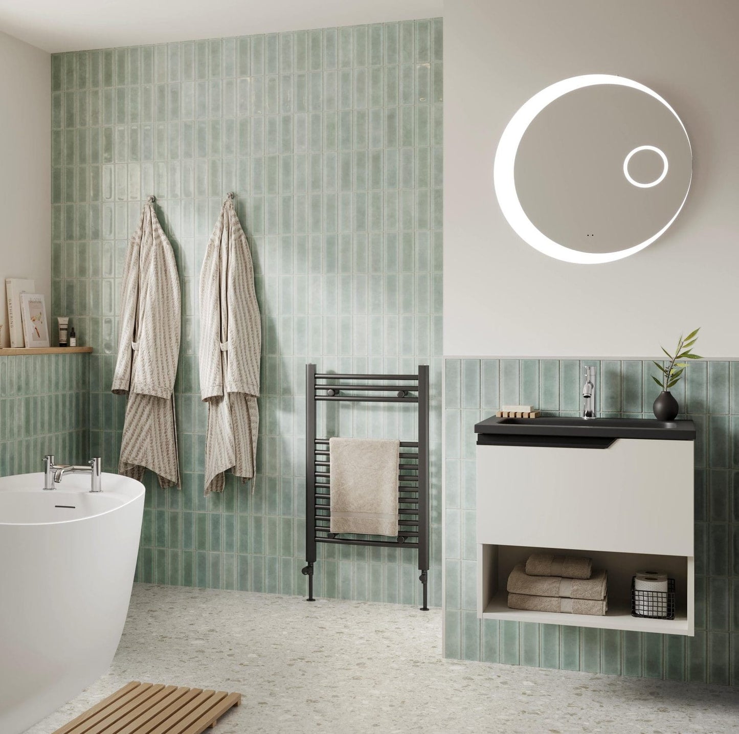 Frontline AquaKast Ophelia freestanding white bathtub with smooth curves and modern design, shown from a side view.