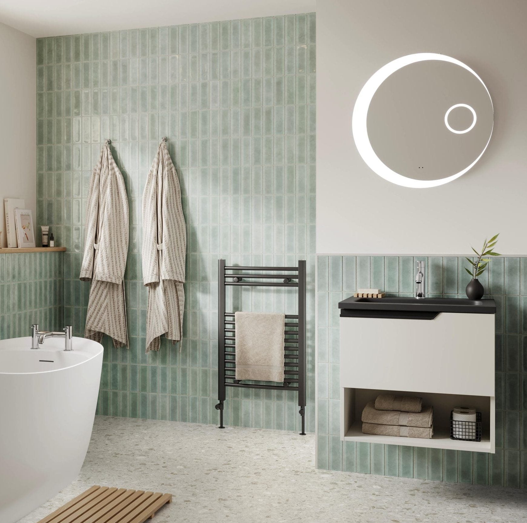 Frontline AquaKast Ophelia freestanding white bathtub with smooth curves and modern design, shown from a side view.