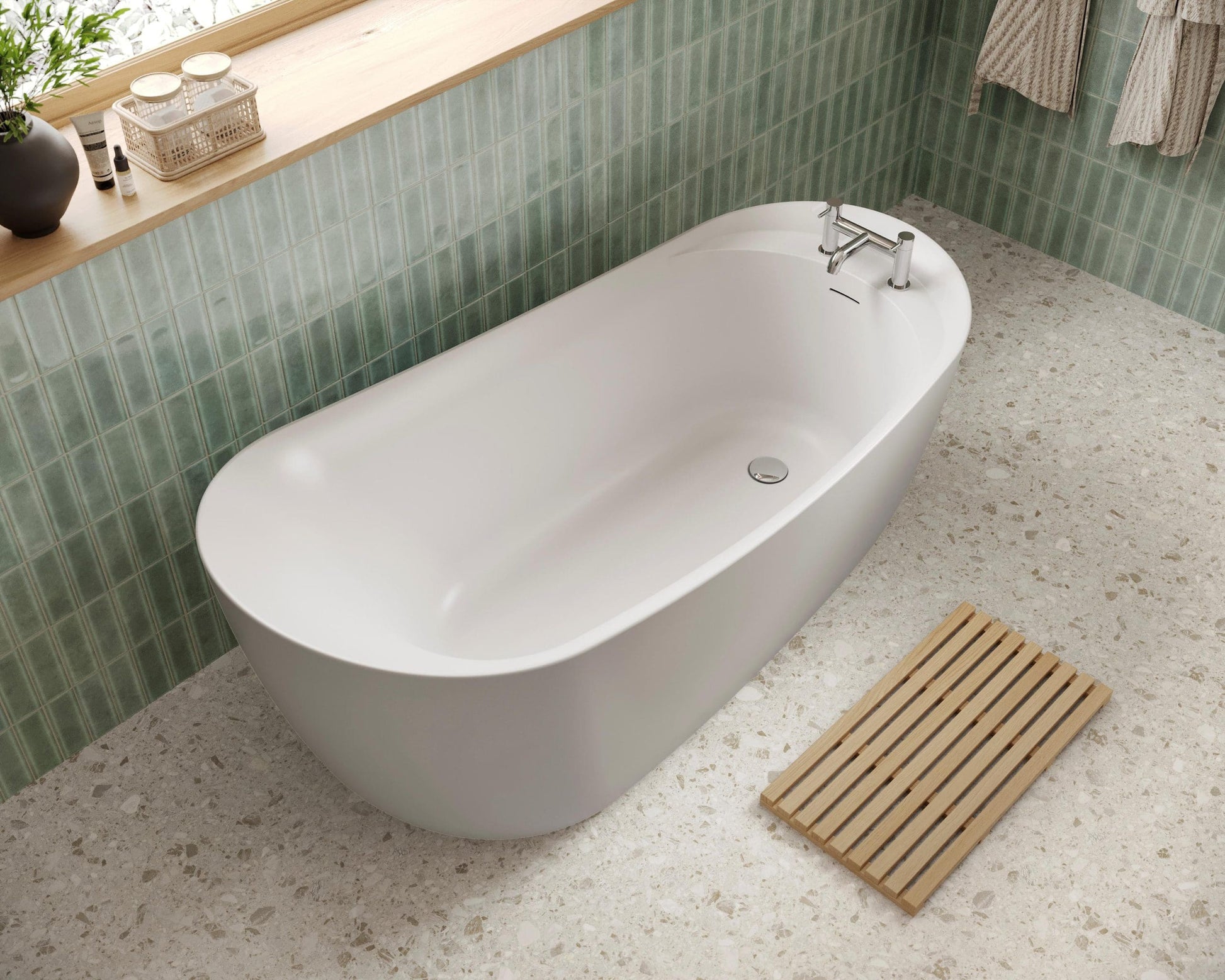 White freestanding bathtub from Frontline AquaKast Ophelia collection, shown in an overhead view highlighting smooth, elegant design.