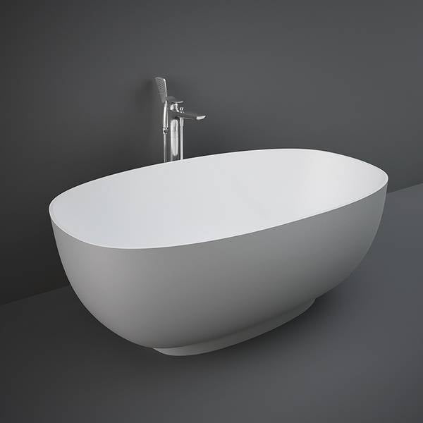 White RAK Ceramics Cloud freestanding bathtub with sleek, modern design, shown in a bright, minimalist bathroom setting.