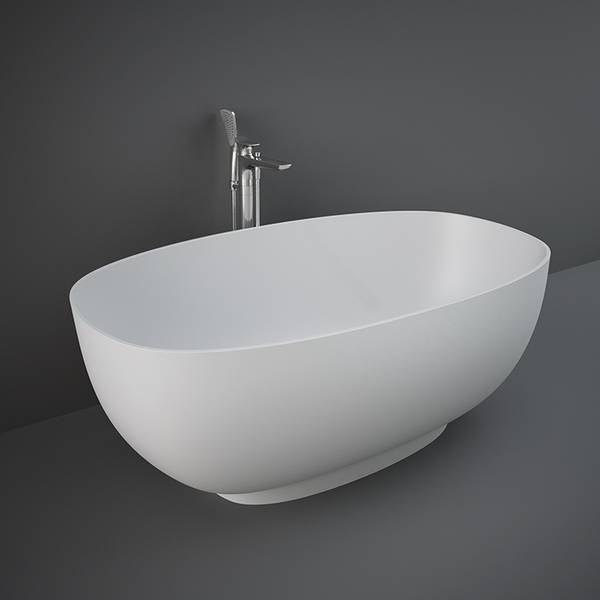 Grey RAK Ceramics Cloud freestanding bathtub with smooth curves and modern design, shown in a stylish bathroom setting.
