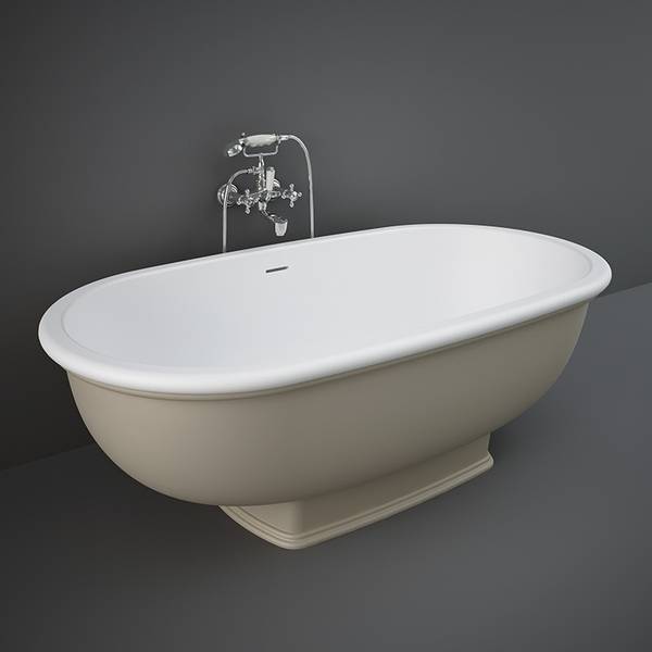 RAK Washington freestanding bathtub in greige finish, elegant modern design with smooth curves, suitable for contemporary bathrooms.