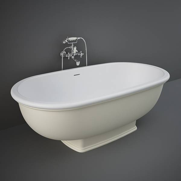 RAK Washington freestanding bathtub in greige finish, sleek modern design, smooth curved edges, and spacious interior.