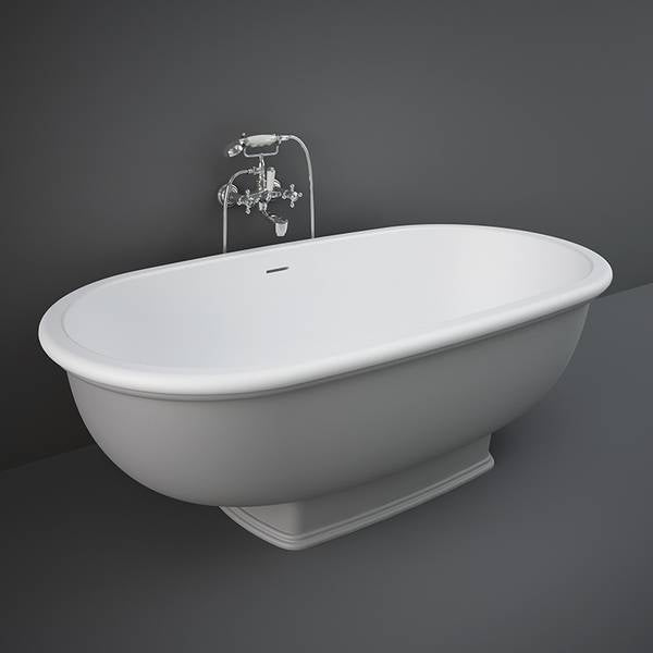 RAK Washington freestanding bathtub in elegant greige finish, showcasing smooth curved design and spacious interior.