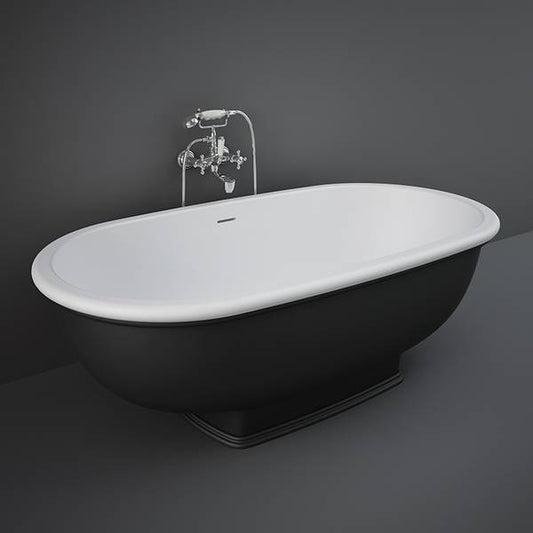 Black RAK Ceramics Washington freestanding bathtub with smooth curved design, shown from the front view.