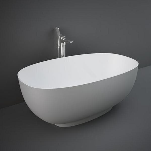 Gray RAK Cloud freestanding bathtub with smooth, modern design and sleek curves, perfect for contemporary bathroom decor.