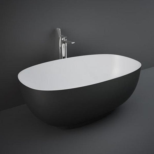 Black RAK Cloud freestanding bathtub with smooth curved design on a bathroom floor.