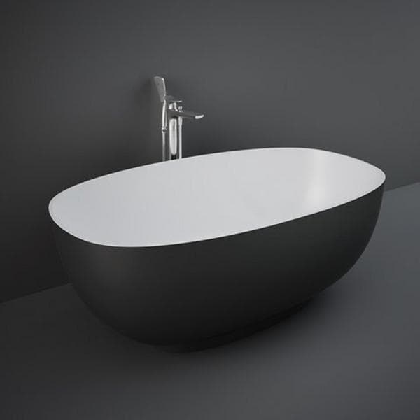 Grey RAK Cloud freestanding bathtub with smooth, modern design and elegant curved shape, shown in a bright bathroom setting.