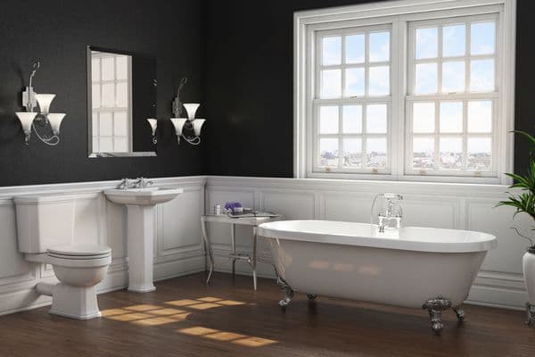 Nabis traditional double-ended freestanding bathtub with chrome ball and claw feet, measuring 1695 x 755 x 620mm.