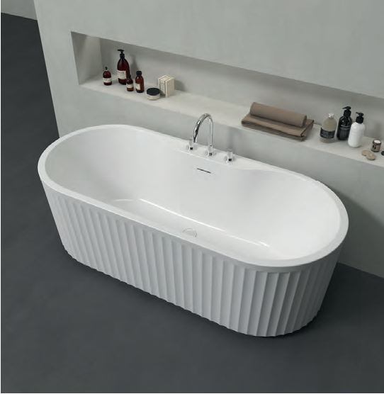 Frontline Aquakast Selinus freestanding bathtub with sleek oval design, measuring 1700x800mm, in a modern bathroom setting.