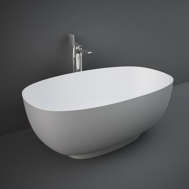 Grey RAK Cloud freestanding bathtub with sleek, modern design, shown in a bright bathroom setting.
